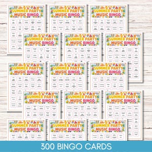 Puede incluir: Un conjunto de tarjetas de Bingo de m&uacute;sica para fiestas de verano. Cada tarjeta presenta un borde colorido con iconos de verano y el texto "Summer Party Music Bingo". La parte inferior de la imagen dice "300 Bingo Cards".