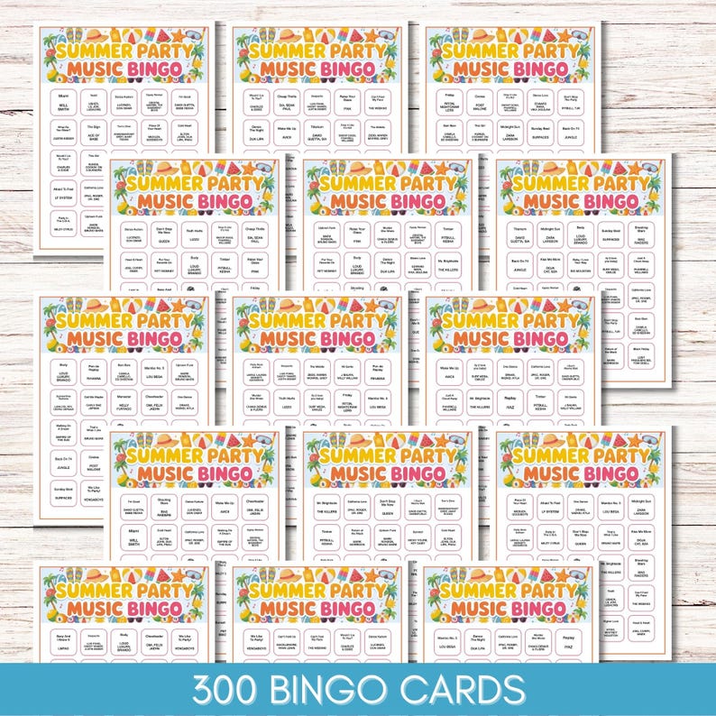 Puede incluir: Un conjunto de tarjetas de Bingo de m&uacute;sica para fiestas de verano. Cada tarjeta presenta un borde colorido con iconos de verano y el texto "Summer Party Music Bingo". La parte inferior de la imagen dice "300 Bingo Cards".