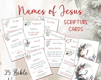 May include: A collection of 25 scripture cards with the text "Names of Jesus" and "Scripture Cards." The cards feature Bible verses, floral illustrations, and the words "Digital Download." The cards are white with red and green accents.