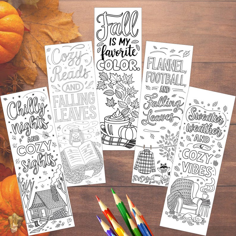 Fall Coloring Bookmarks, Printable Autumn Bookmarks for Kids, DIY Craft, Color Your Own, Instant Download