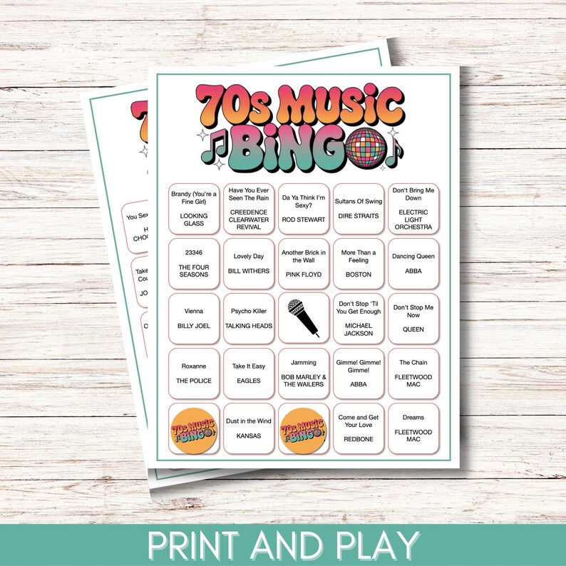 70s Music Bingo Game – 200 Printable Cards – Fun Party Activity with Spotify Playlist – Instant Download for Retro Themed Events