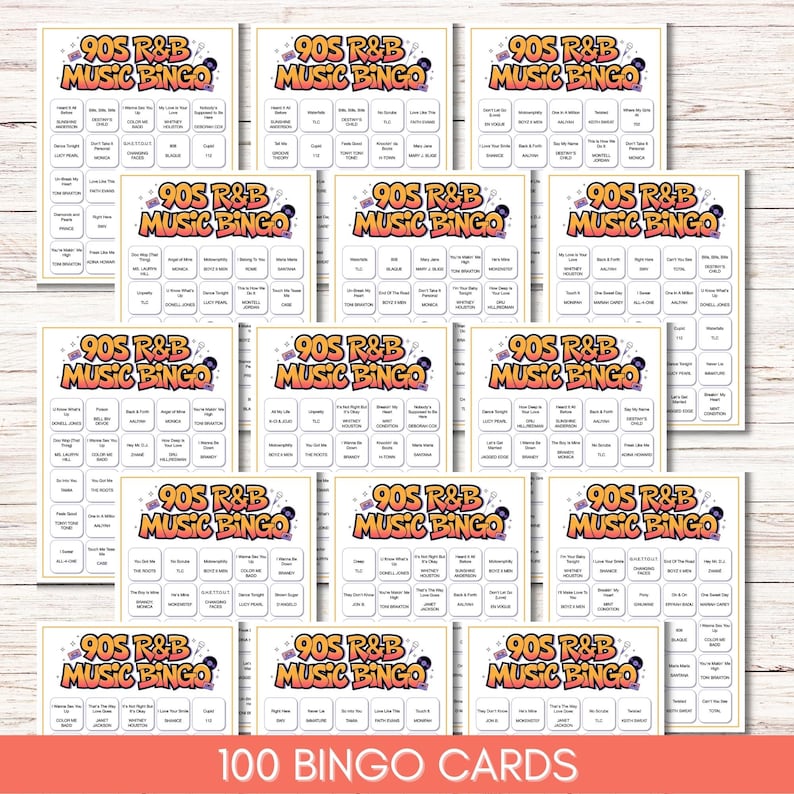 90s R&B Music Bingo, Printable Bingo Game, Throwback 90s Party Game, Instant Download