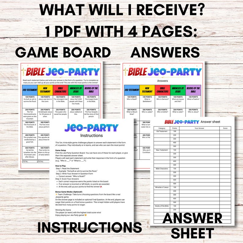 Peut inclure: Un jeu de soci&eacute;t&eacute; imprimable Bible Jeopardy avec des instructions et une feuille de r&eacute;ponses. Le plateau de jeu comporte des cat&eacute;gories pour l'Ancien Testament, le Nouveau Testament, les personnages bibliques, les miracles de J&eacute;sus et les livres de la Bible. La feuille de r&eacute;ponses est vierge et comporte des colonnes pour la cat&eacute;gorie, les points, votre r&eacute;ponse et le score.