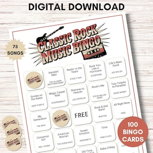 Classic Rock Music Bingo for Adults, Rock n Roll Game Night Printable