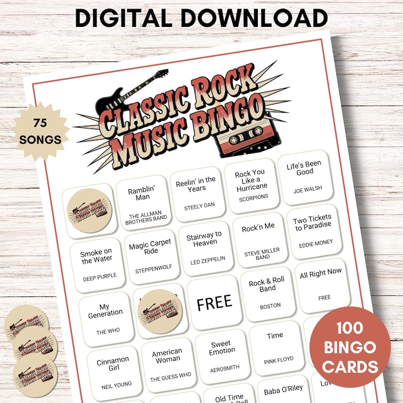 Classic Rock Music Bingo for Adults, Rock n Roll Game Night Printable