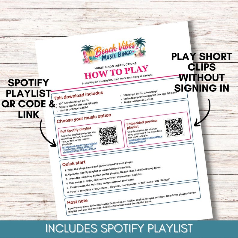 May include: A white instructional sheet for Beach Vibes Music Bingo featuring pink and blue text. It includes sections for how to play, a Spotify playlist QR code, an embedded preview playlist QR code, and a quick start guide for the game.