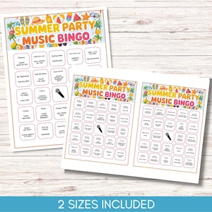 Puede incluir: Dos hojas de juego "Summer Party Music Bingo". Las tarjetas presentan un dise&ntilde;o colorido con ilustraciones de verano y t&iacute;tulos de canciones. El texto "2 TAMA&Ntilde;OS INCLUIDOS" est&aacute; en la parte inferior. Ideal para fiestas de verano.