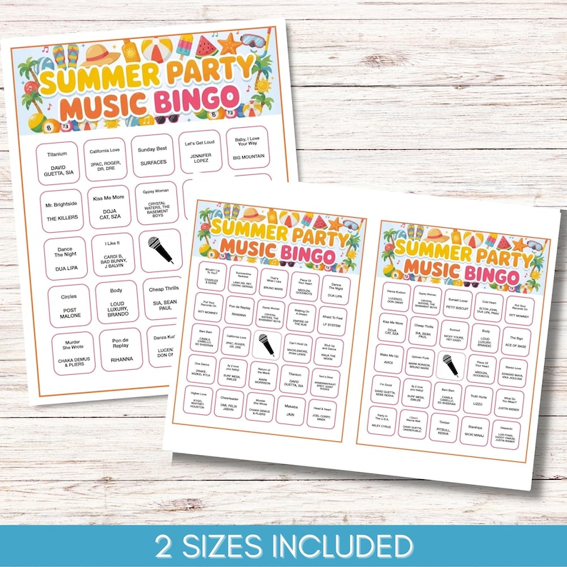 Puede incluir: Dos hojas de juego "Summer Party Music Bingo". Las tarjetas presentan un dise&ntilde;o colorido con ilustraciones de verano y t&iacute;tulos de canciones. El texto "2 TAMA&Ntilde;OS INCLUIDOS" est&aacute; en la parte inferior. Ideal para fiestas de verano.