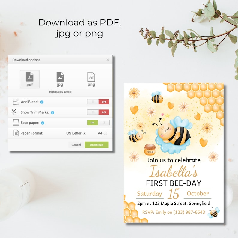 First Birthday Bee Invitation, 1st Bee-Day Invites, Instant Download, First Bee-Day Birthday Invitation, First Bee Day Invite, Evite