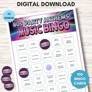 Może przedstawiać: Drukowana gra w muzyczne bingo z lat 80. z 75 piosenkami i 100 kartami do bingo. Projekt przedstawia kolorowy motyw retro z tytułami piosenek i grafiką kuli dyskotekowej.