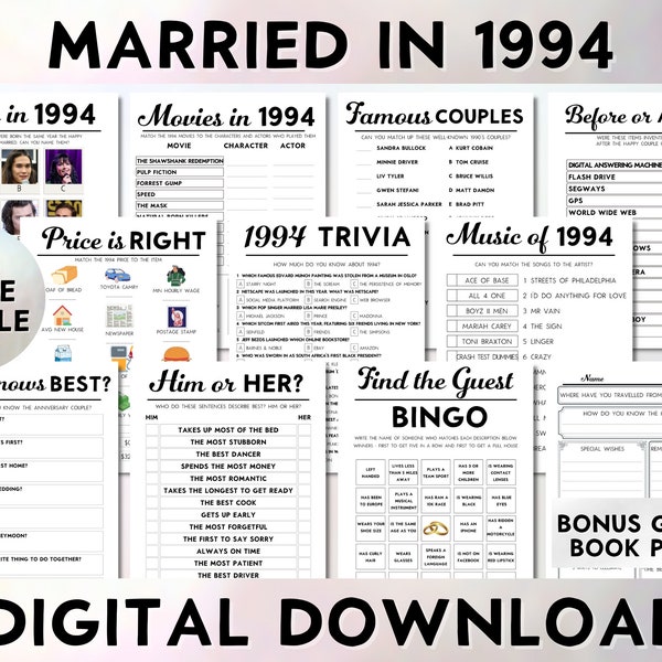 30th Wedding Anniversary Party Games, Married in 1994, Pearl Wedding Printable 10 Game Bundle, Instant Download, Bingo, Guest Book