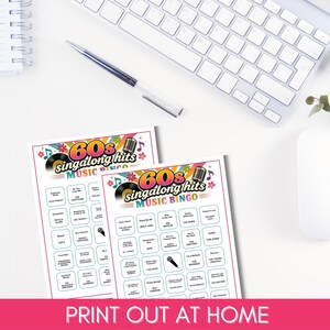May include: Two white paper sheets featuring a 60s singalong hits music bingo game. Each sheet displays a colourful header with a vinyl record, microphone, and floral icons. The grid contains song titles and artist names in black text.