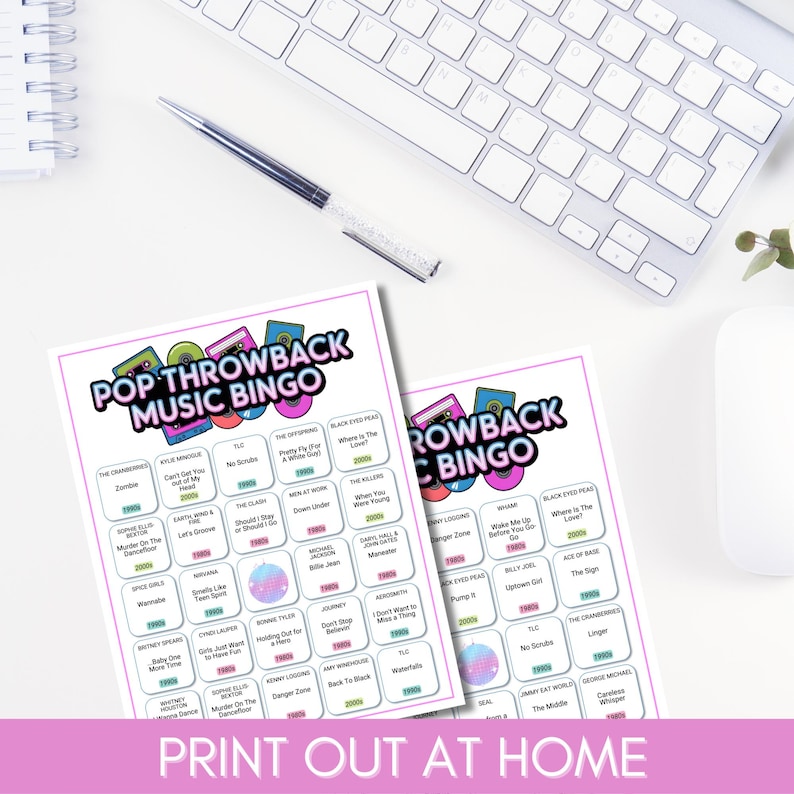 Pop Throwback Music Bingo, Printable 80s 90s 2000s Music Game, 75 Song Playlist