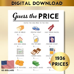 May include: A digital download featuring a "Guess the Price" game, matching 1936 prices to items like bread, a car, bacon, a house, beer, a stamp, a newspaper, eggs, gas, potatoes, wages, and a movie. Includes "US DOLLARS" text.
