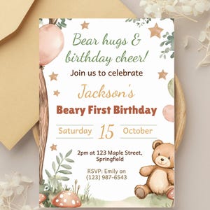 Beary erste Geburtstagseinladung, Teddybär einladen für Jungen oder Mädchen, bearbeitbare Vorlage, Sofort Download 1st Birthday Party