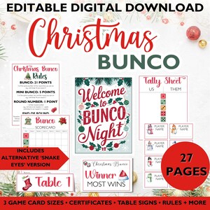 Gioco Bunco di Natale, modelli Canva stampabili e modificabili, fogli punteggi + versione Snake Eyes, download immediato