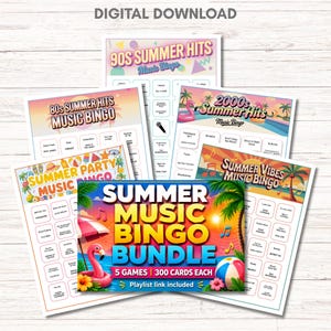 Summer Music Bingo Bundle – 5 Printable Games, 300 Cards | 80s 90s 2000s & More