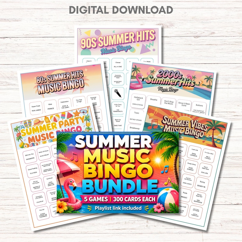 Summer Music Bingo Bundle – 5 Printable Games, 300 Cards | 80s 90s 2000s & More
