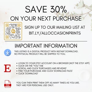 May include: A digital download graphic with a white background and black text. The text reads "SAVE 30% ON YOUR NEXT PURCHASE" and includes instructions on how to download the digital product. The graphic also includes a QR code and a link to a website.