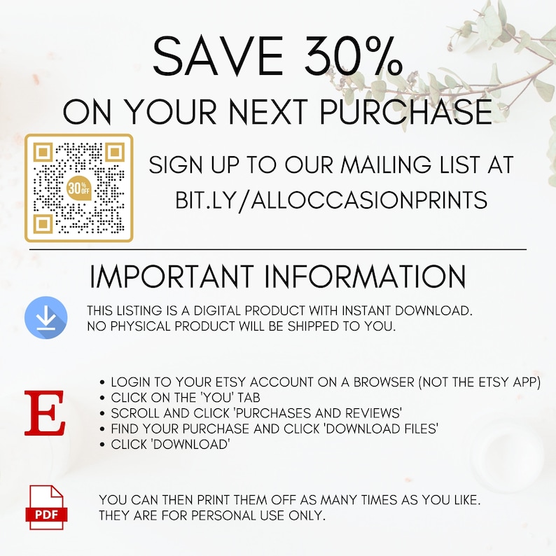 May include: A digital download graphic with a white background and black text. The text reads "SAVE 30% ON YOUR NEXT PURCHASE" and includes instructions on how to download the digital product. The graphic also includes a QR code and a link to a website.