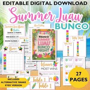 Afdrukbare Bunco-scorebladen, leuke game-avondkaarten, flamingothema, zomerfeestbenodigdheden, Aloha Fun