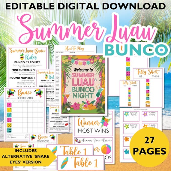Tropical Flamingo Bunco Score Sheets, Summer Luau Game Night (Printable)