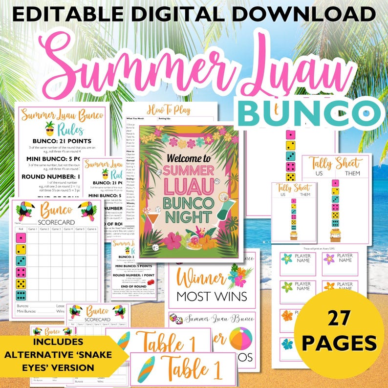 Bunco Tropical Printable Score Sheets, Fun Game Night Cards, Flamingo Theme, Summer Party Essentials, Aloha Fun