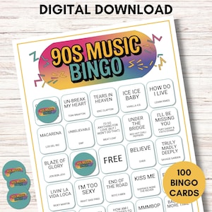 Bingo de música dos anos 90, download digital com 100 cartões, jogo de festa para diversão em família, inclui lista de reprodução do Spotify