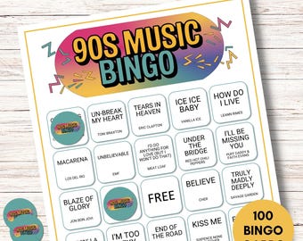 90s Music Bingo, Digital Download with 100 Cards, Party Game for Family Fun, Includes Spotify Playlist