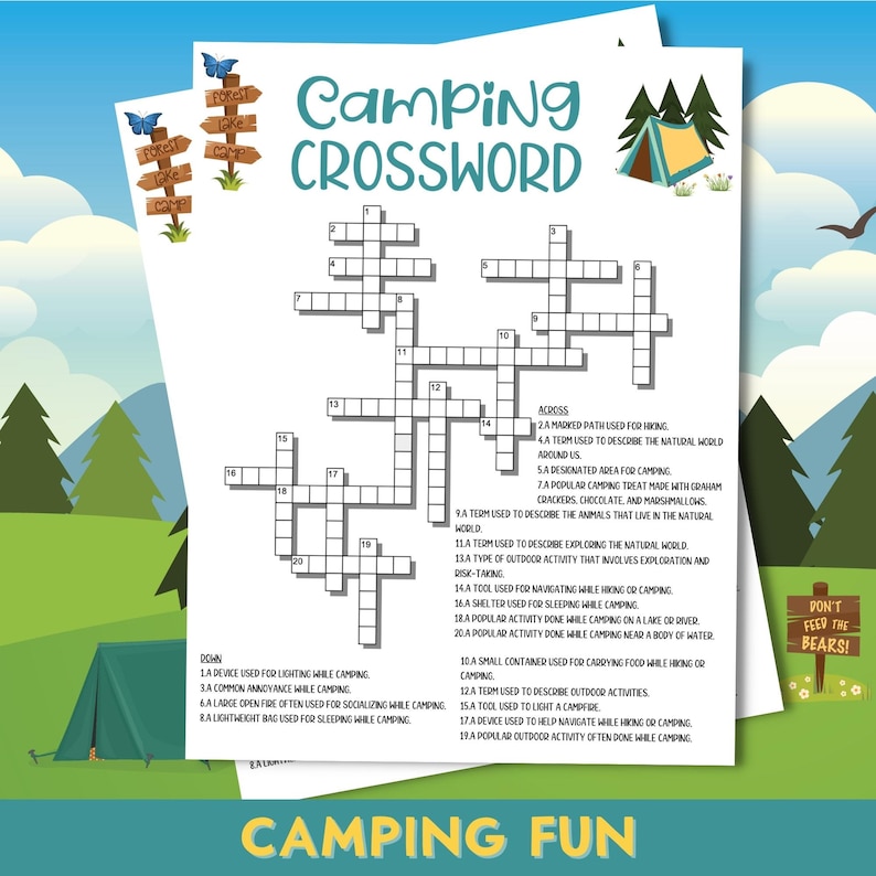 Camping Crossword Puzzle Printable Camping Trip Game Summer Etsy