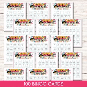 May include: A collection of 100 bingo cards titled 60s Singalong Hits Music Bingo. Each card features a colorful header with a vinyl record, a microphone, and floral accents. The grid contains song titles and artist names in black text.