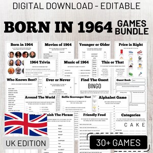 61st Birthday Party Games Bundle, UK Edition,  Born in 1964 Trivia, Fun Printable Games for Adults, Instant Download