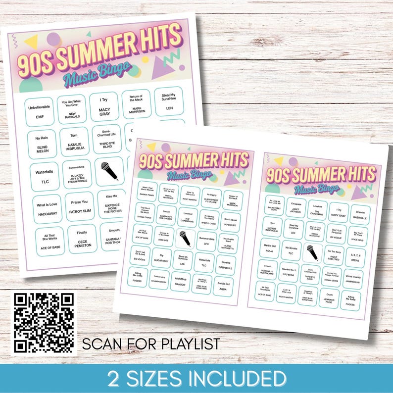 May include: Two printable 90s Summer Hits Music Bingo game sheets. The design features a pastel color scheme with geometric shapes and the text "90s Summer Hits Music Bingo." Includes a QR code to scan for a playlist and the text "2 Sizes Included."