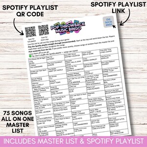 Pop Throwback Music Bingo, Printable 80s 90s 2000s Music Game, 75 Song Playlist