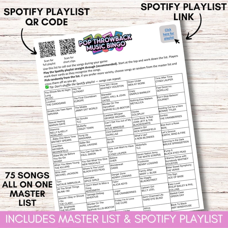 Pop Throwback Music Bingo, Printable 80s 90s 2000s Music Game, 75 Song Playlist
