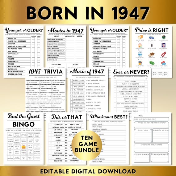 80th Birthday Games Bundle, Born in 1947 Trivia Games, 1947 Birthday Party Games, 10 Printable Games, 80th Birthday Party