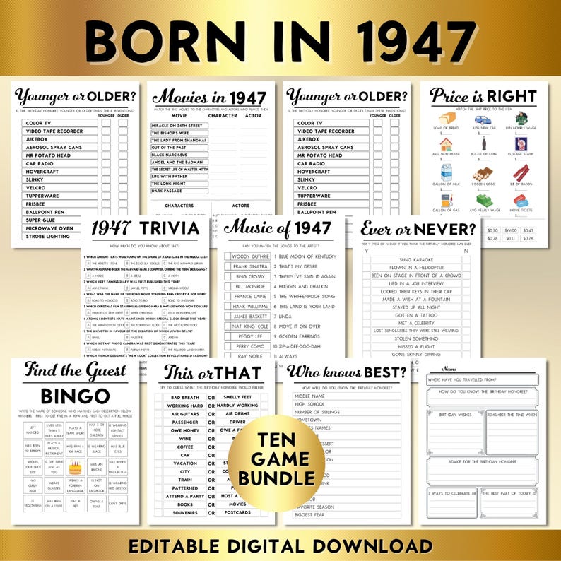 K&ouml;nnte beinhalten: Ein Zehn-Spiele-Geburtstagsset mit dem Titel Born in 1947, das druckbare Aktivit&auml;tsbl&auml;tter enth&auml;lt, darunter Younger or Older, Movies in 1947, Price is Right, 1947 Trivia, Music of 1947, Ever or Never, Find the Guest Bingo, This or That und Who knows Best.