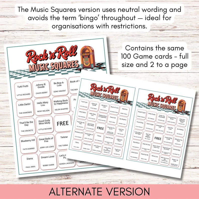 May include: Two Rock 'n' Roll Music Squares game cards with a retro jukebox graphic. The cards feature a grid of song titles and artist names, including "Tutti Frutti" and "Johnny B. Goode". The text "Alternate Version" is at the bottom.