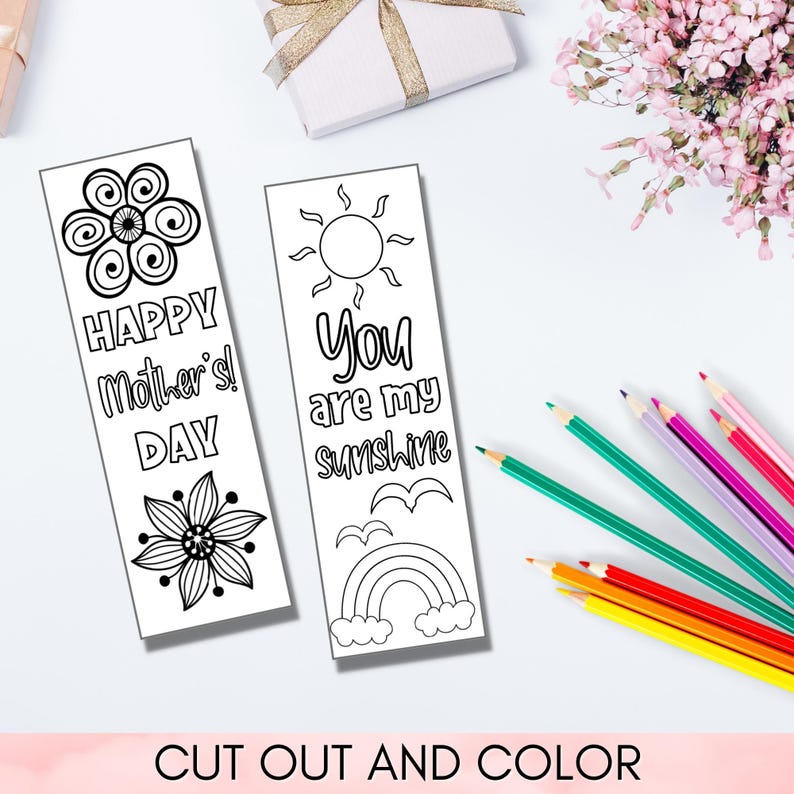 Mother's Day Coloring Bookmarks Printable – DIY Gift for Mom from Kids – 5 Per Page – Instant Download, Unique Mother's Day Craft