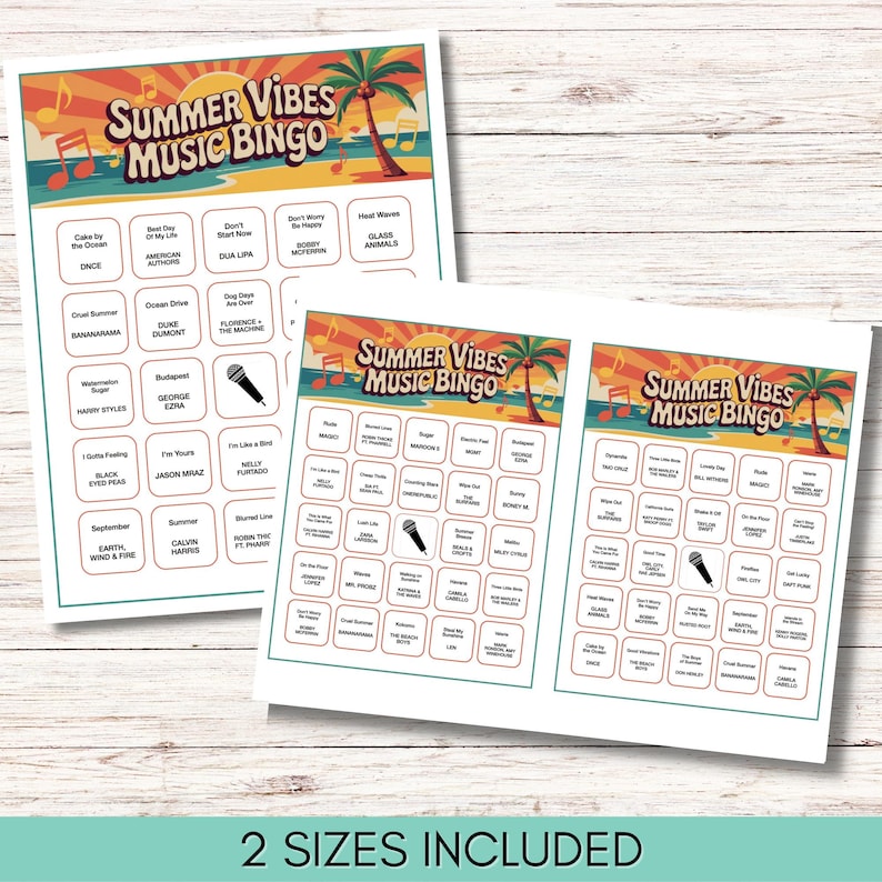 Pode incluir: Duas folhas de jogo "Summer Vibes Music Bingo". Os cart&otilde;es apresentam um design colorido com tema de praia, incluindo palmeiras e notas musicais. O jogo inclui t&iacute;tulos de m&uacute;sicas e nomes de artistas. O texto "2 SIZES INCLUDED" est&aacute; na parte inferior.