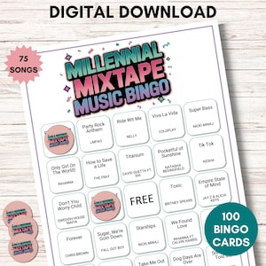 Millennial Mixtape Muziekbingo – Afdrukbaar partyspel jaren 00 en 10, 75 nummers, 100 kaarten, direct downloaden, leuke nostalgische muziektrivia