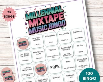 Bingo musical de mixtapes millennials: juego imprimible de los años 2000 y 2010, 75 canciones, 100 cartones, descarga instantánea, divertidas curiosidades musicales nostálgicas.
