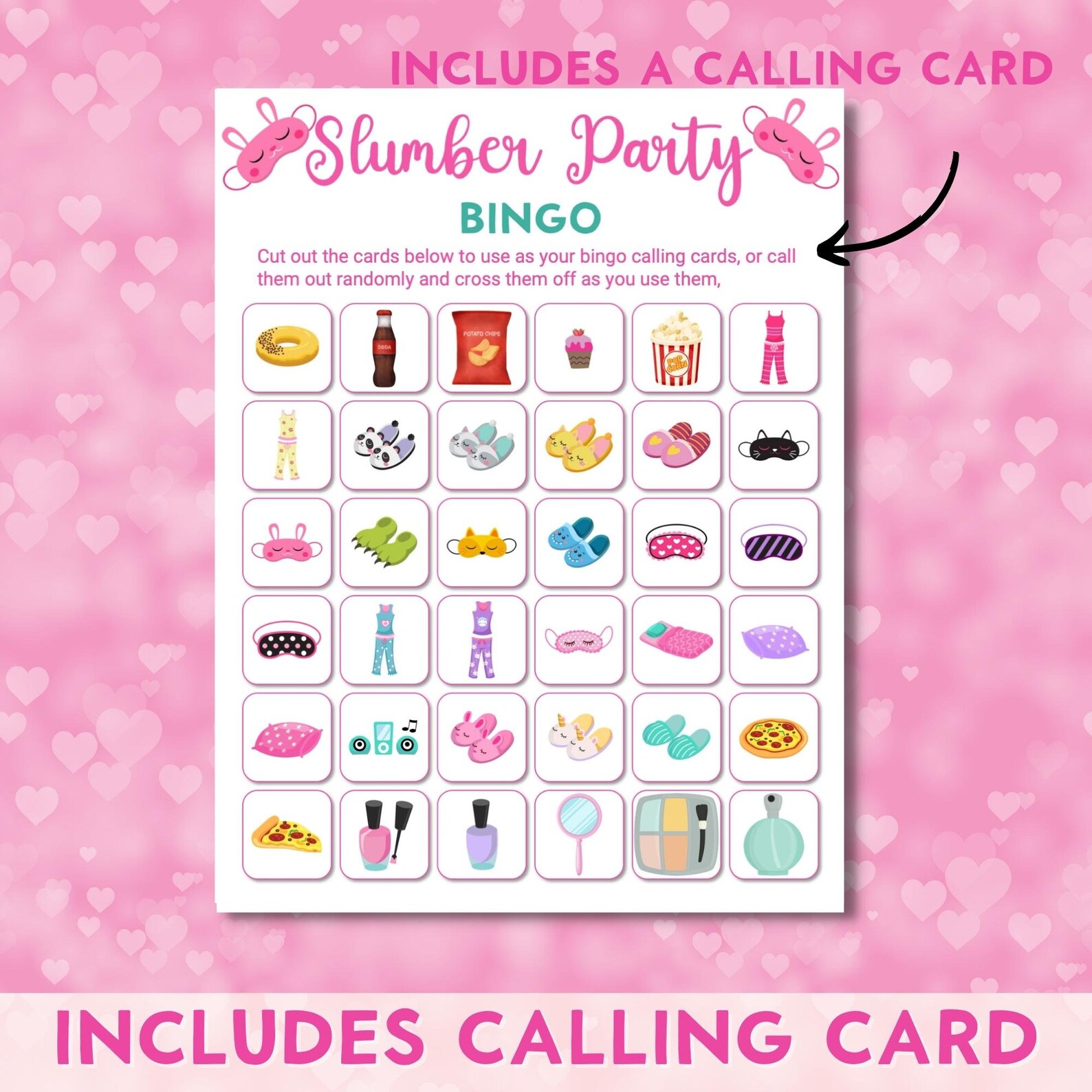 Printable Slumber Party Bingo Game, Sleepover, Pajama Party, Girls ...