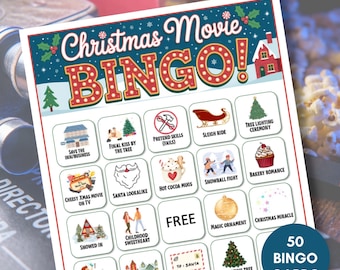 May include: A Christmas Movie Bingo game card with a festive design. The card features the text "Christmas Movie Bingo!" and includes various holiday-themed images and phrases like "Hot Cocoa Mugs" and "Decorating Tree". The card also says "Digital Download".