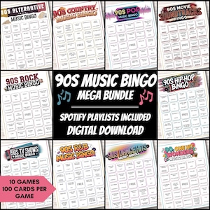 90s Music Bingo Mega Bundle – 10 Printable Games, 100 Cards Each – Spotify Playlist Included – Instant Digital Download