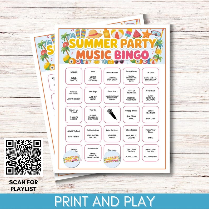 Puede incluir: Dos hojas impresas de tarjetas del juego "Summer Party Music Bingo". Las tarjetas presentan un dise&ntilde;o colorido con iconos tem&aacute;ticos de verano y t&iacute;tulos de canciones. Un c&oacute;digo QR es visible a la izquierda, con el texto "Scan for Playlist" debajo.