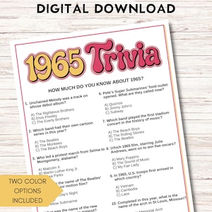 1965 Trivia Game, 61st Birthday Party Activities, Printable Fun Facts, Instant Download