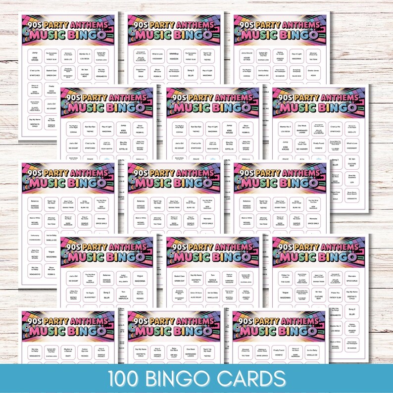 Peut inclure: Un ensemble de 100 cartes de bingo sur le th&egrave;me des ann&eacute;es 90. Chaque carte affiche le texte "90S PARTY ANTHEMS MUSIC BINGO" dans un design color&eacute;. Les cartes de bingo sont blanches et comportent une grille de cases avec des titres de chansons.
