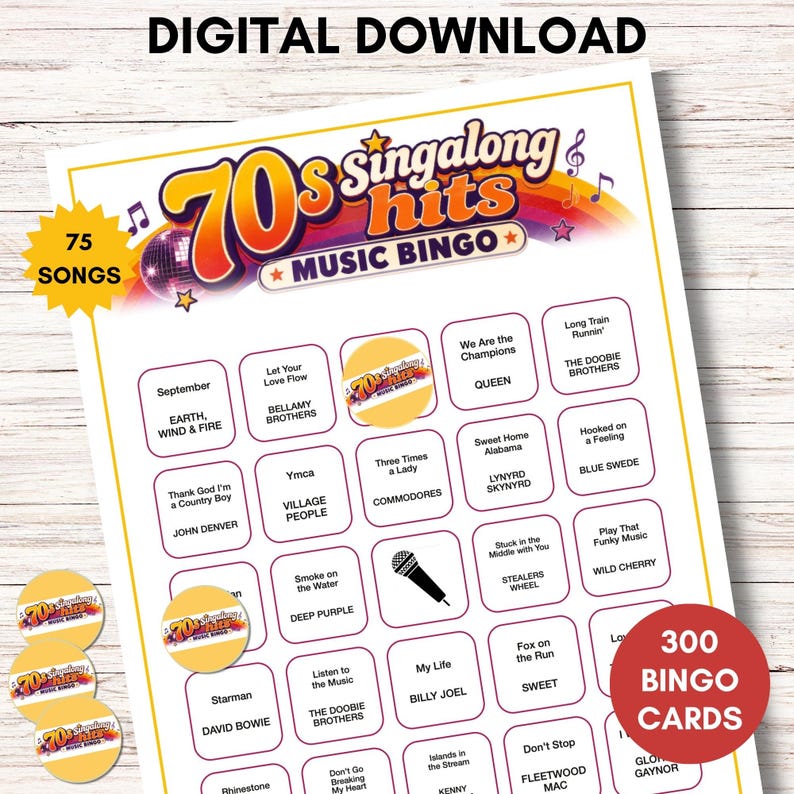 May include: A 70s singalong hits music bingo game sheet featuring a rainbow graphic, a disco ball, and a microphone icon. The card includes 75 songs, 300 bingo cards, and text labels. Several circular markers with the game logo are displayed.