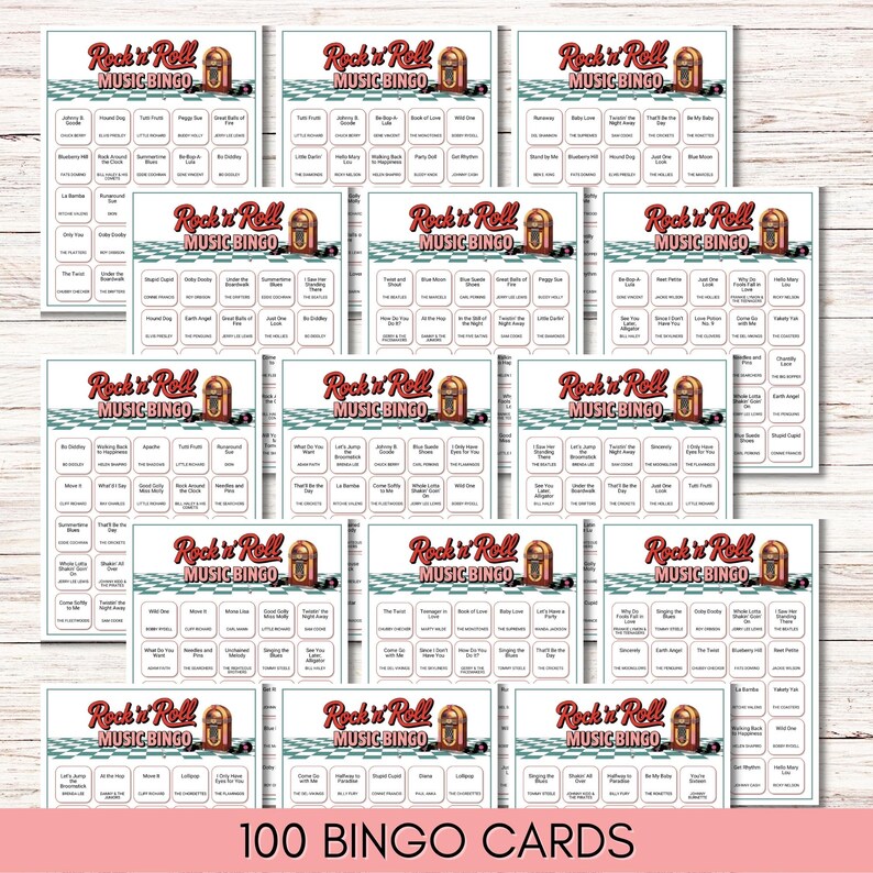 1950s & 60s Rock 'n' Roll Music Bingo Game – Printable Retro Party Game – 100 Unique Cards – Instant Download – Rock and Roll Bingo